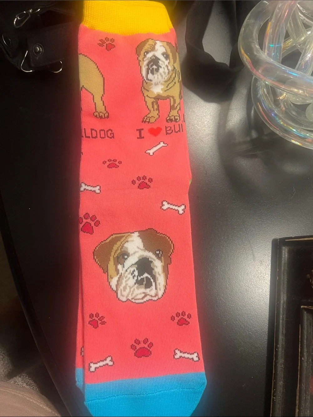 Bulldog Pattern Crew Socks - Pink, Blue and yellow Trim.